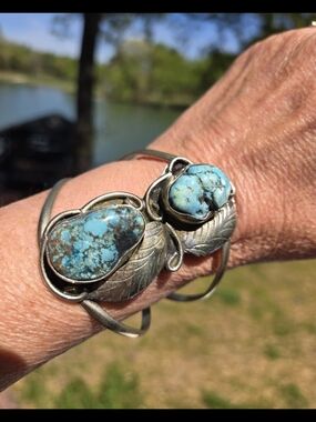 Sterling Silver Turquoise Leaf Cuff Bracelet - Blue Turquoise